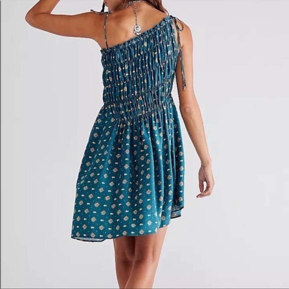 Free People Clementina Ruched Asymmetrical Floral Mini Dress Teal Size XS fits M - Picture 6 of 11